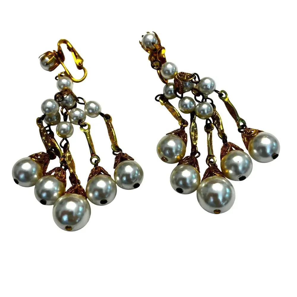 Clip on earrings chandeliers vintage Japan faux pearls gold tone filigree style